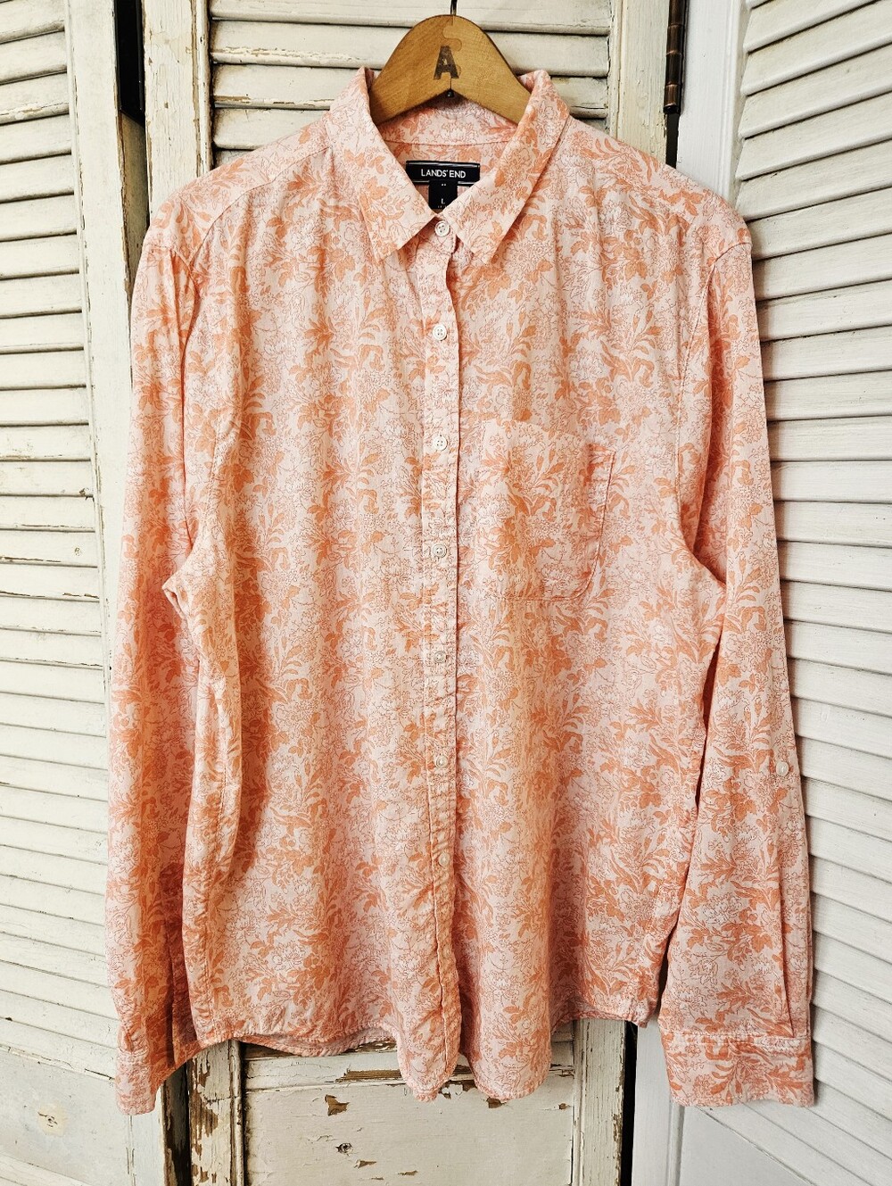 Lands' End Linen Blend Coral/Peach And White Floral Print Blouse Large 14/16